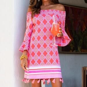 Cabana Life Geo Print 3/4 Sleeve Off Shoulder Tassel Hem Mini Dress Pink Medium